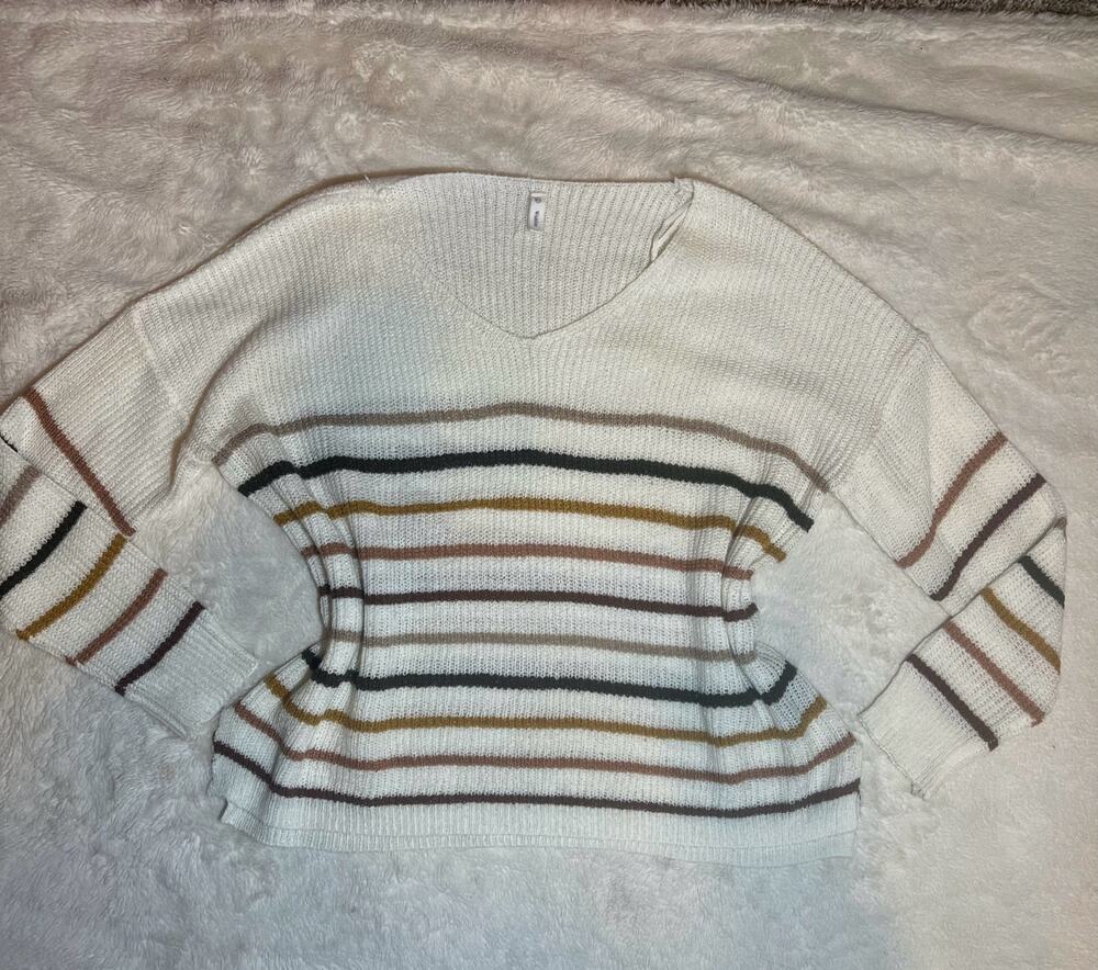 Wishlist Neutral Cottagecore White Knit Striped V-Neck Long Sleeve Sweater Large